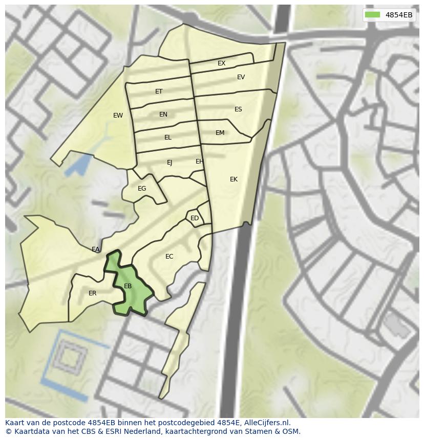 Afbeelding van het postcodegebied 4854 EB op de kaart.