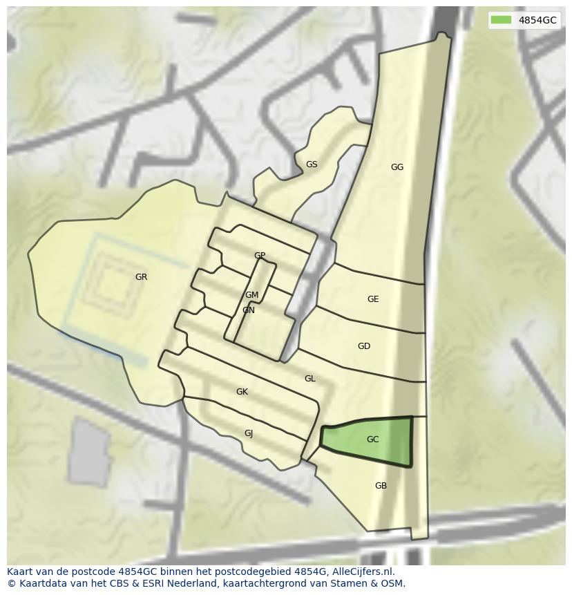 Afbeelding van het postcodegebied 4854 GC op de kaart.