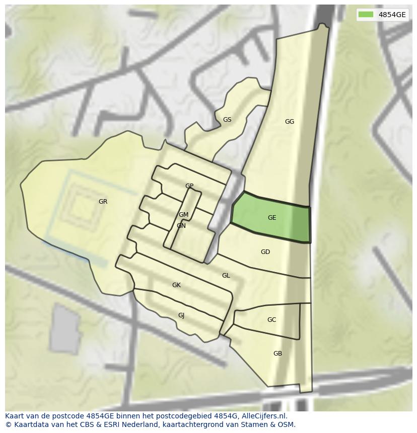Afbeelding van het postcodegebied 4854 GE op de kaart.