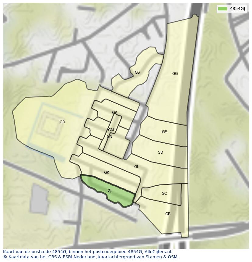 Afbeelding van het postcodegebied 4854 GJ op de kaart.