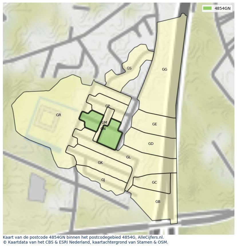 Afbeelding van het postcodegebied 4854 GN op de kaart.