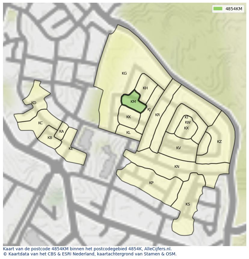 Afbeelding van het postcodegebied 4854 KM op de kaart.