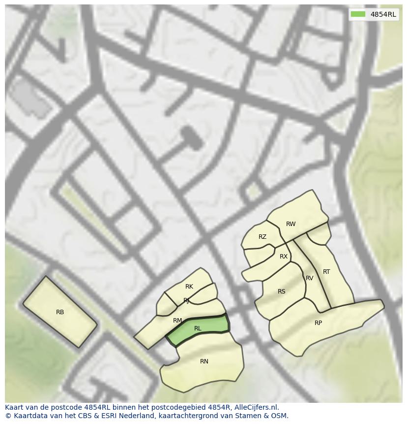 Afbeelding van het postcodegebied 4854 RL op de kaart.