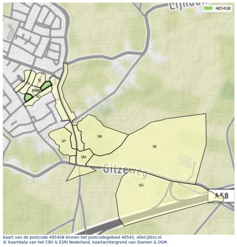 Afbeelding van het postcodegebied 4854 SB op de kaart.