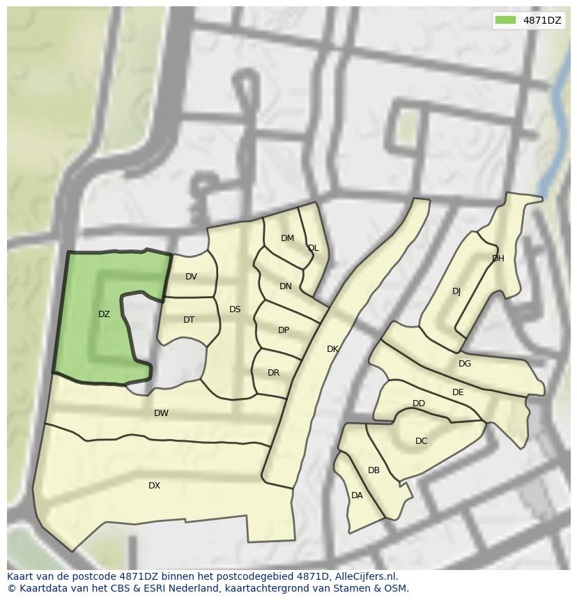 Afbeelding van het postcodegebied 4871 DZ op de kaart.