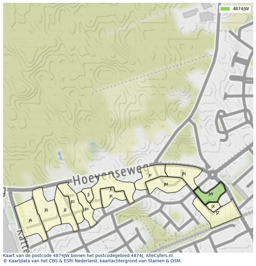Afbeelding van het postcodegebied 4874 JW op de kaart.