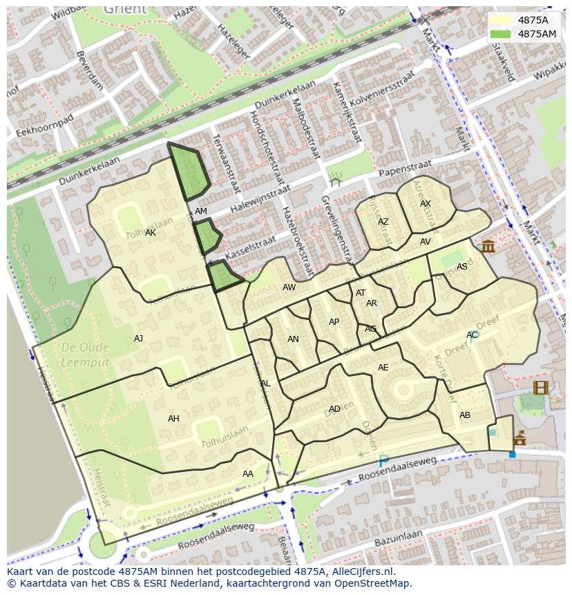 Afbeelding van het postcodegebied 4875 AM op de kaart.