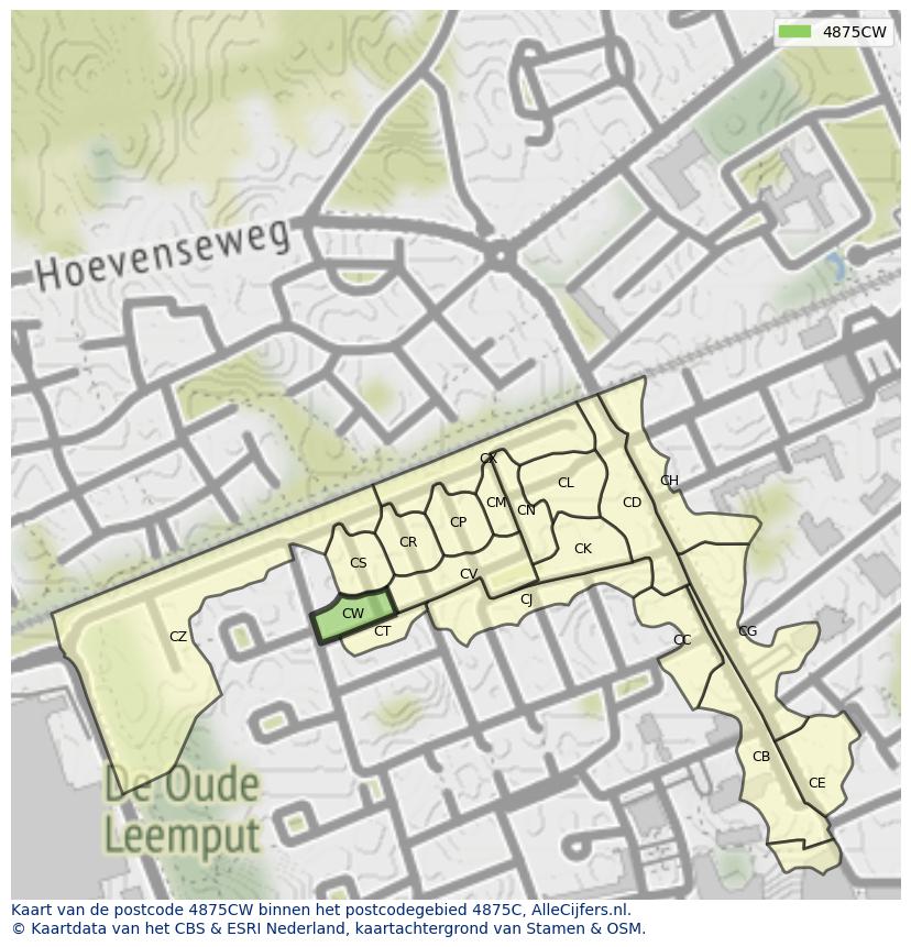 Afbeelding van het postcodegebied 4875 CW op de kaart.