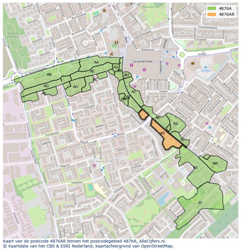 Afbeelding van het postcodegebied 4876 AR op de kaart.