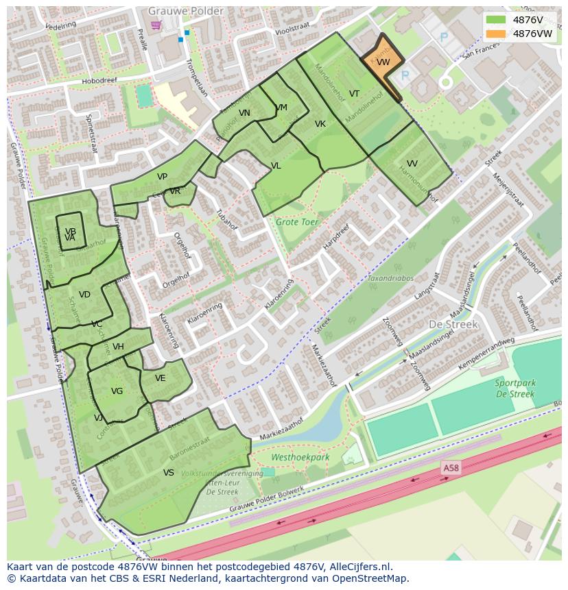 Afbeelding van het postcodegebied 4876 VW op de kaart.