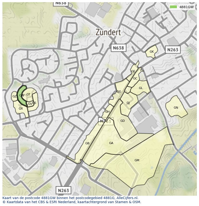 Afbeelding van het postcodegebied 4881 GW op de kaart.
