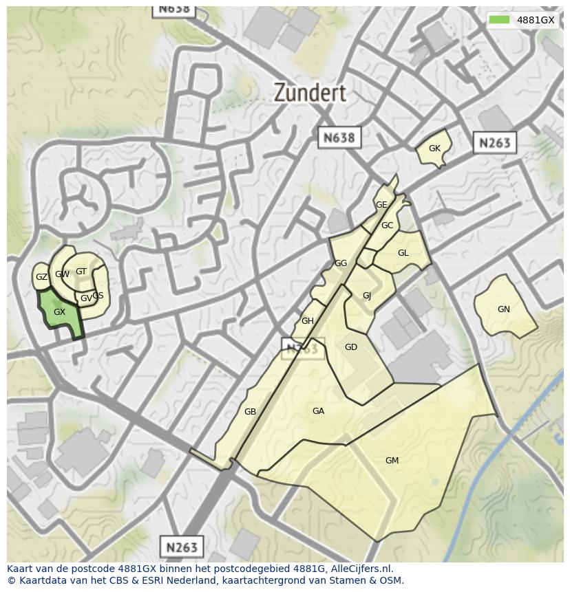Afbeelding van het postcodegebied 4881 GX op de kaart.