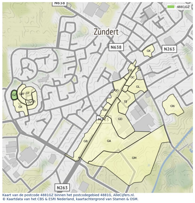 Afbeelding van het postcodegebied 4881 GZ op de kaart.