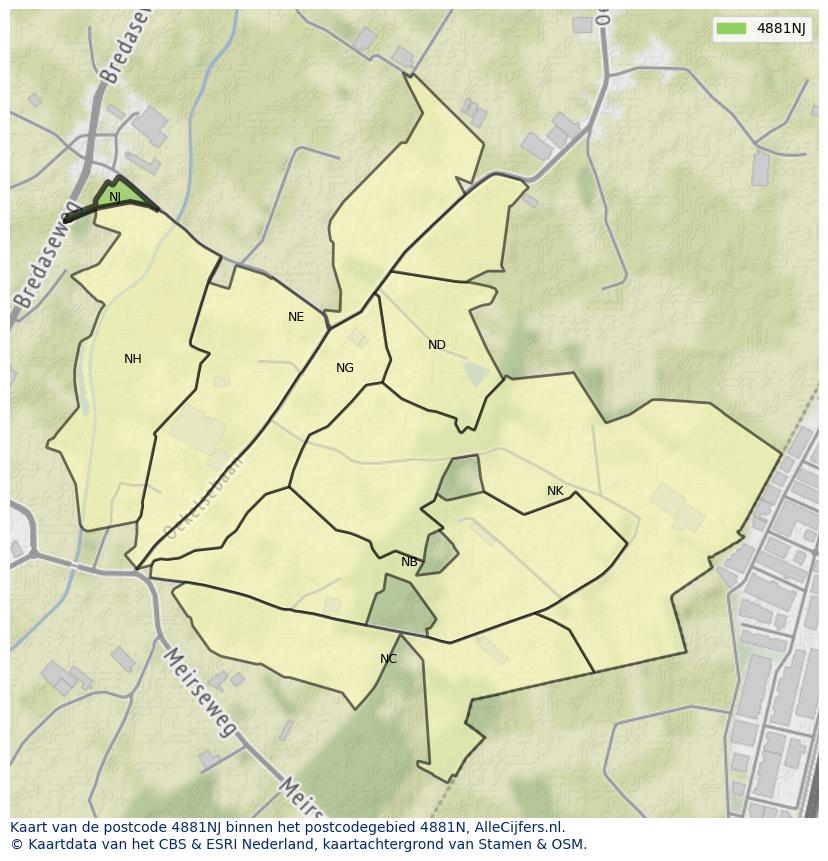 Afbeelding van het postcodegebied 4881 NJ op de kaart.