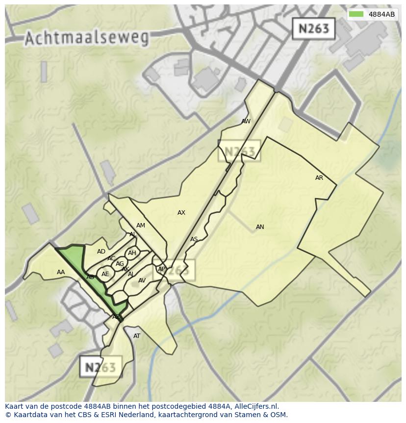 Afbeelding van het postcodegebied 4884 AB op de kaart.