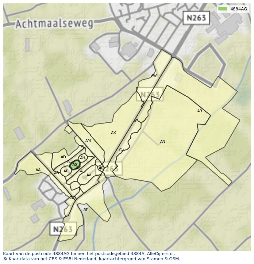 Afbeelding van het postcodegebied 4884 AG op de kaart.