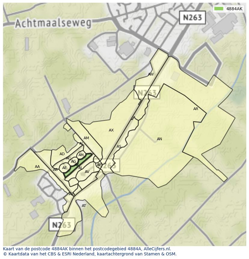 Afbeelding van het postcodegebied 4884 AK op de kaart.