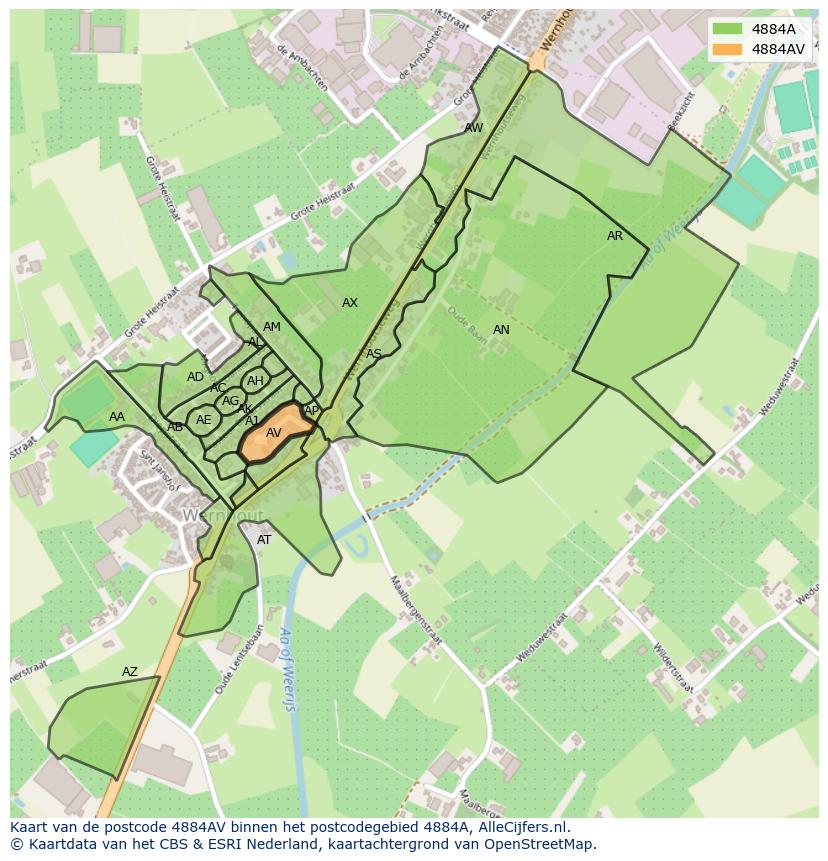 Afbeelding van het postcodegebied 4884 AV op de kaart.