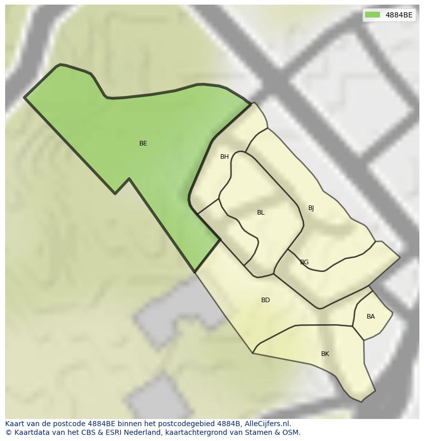 Afbeelding van het postcodegebied 4884 BE op de kaart.