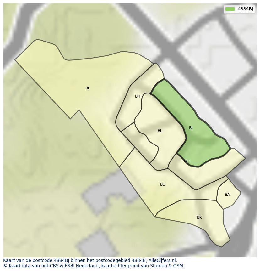 Afbeelding van het postcodegebied 4884 BJ op de kaart.