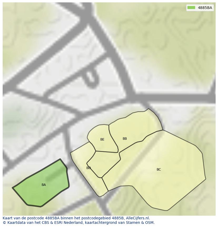 Afbeelding van het postcodegebied 4885 BA op de kaart.