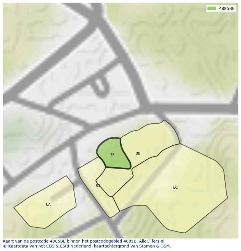 Afbeelding van het postcodegebied 4885 BE op de kaart.