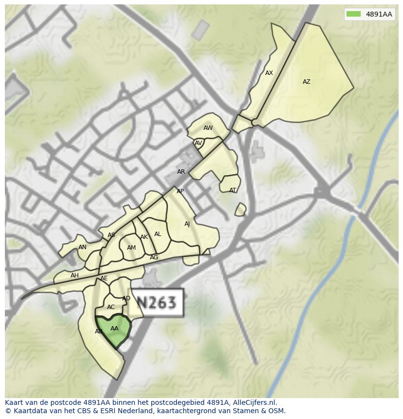 Afbeelding van het postcodegebied 4891 AA op de kaart.