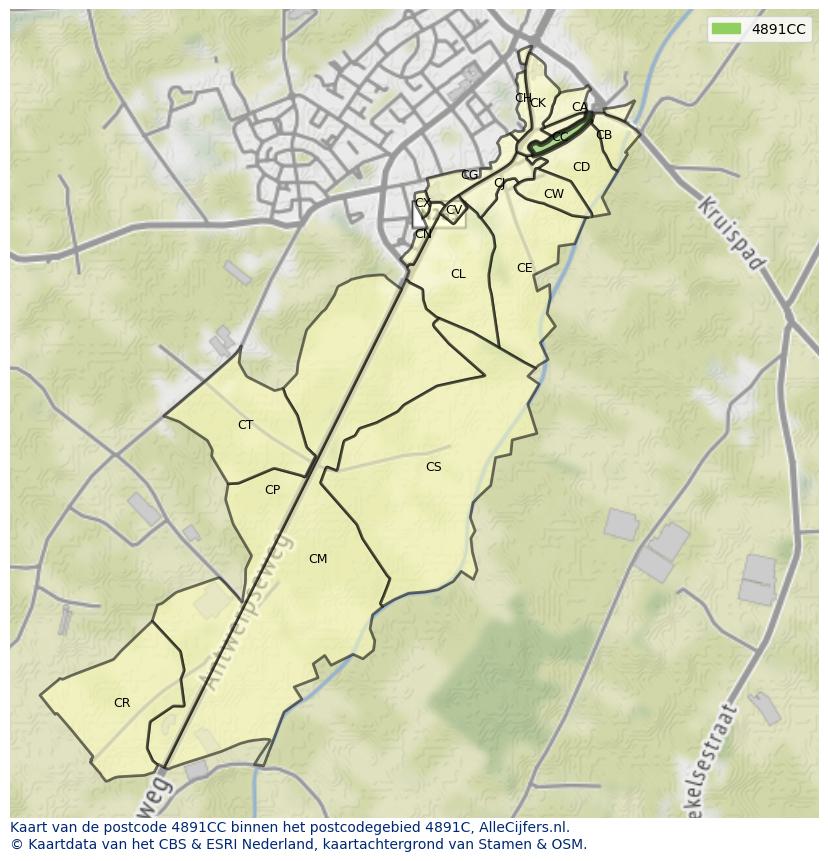 Afbeelding van het postcodegebied 4891 CC op de kaart.