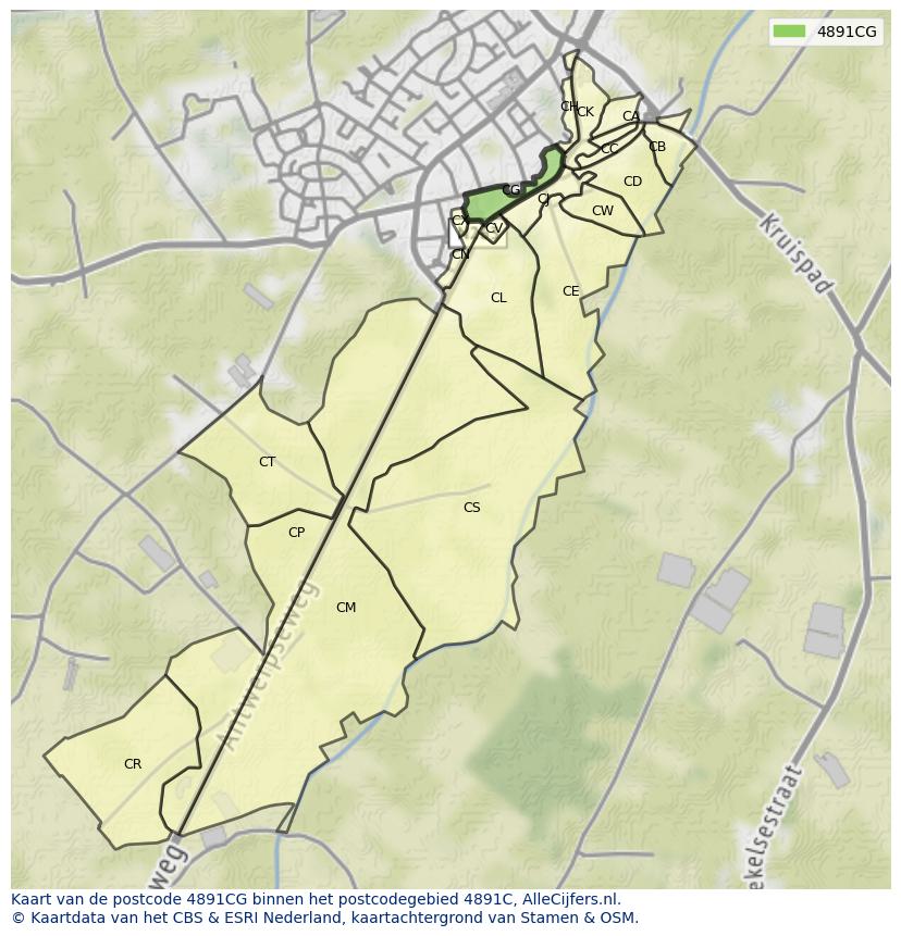 Afbeelding van het postcodegebied 4891 CG op de kaart.