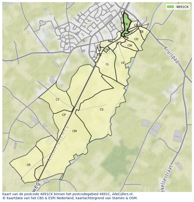 Afbeelding van het postcodegebied 4891 CK op de kaart.
