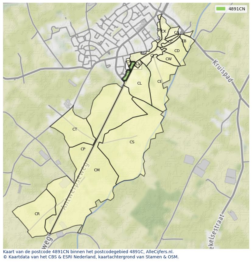 Afbeelding van het postcodegebied 4891 CN op de kaart.