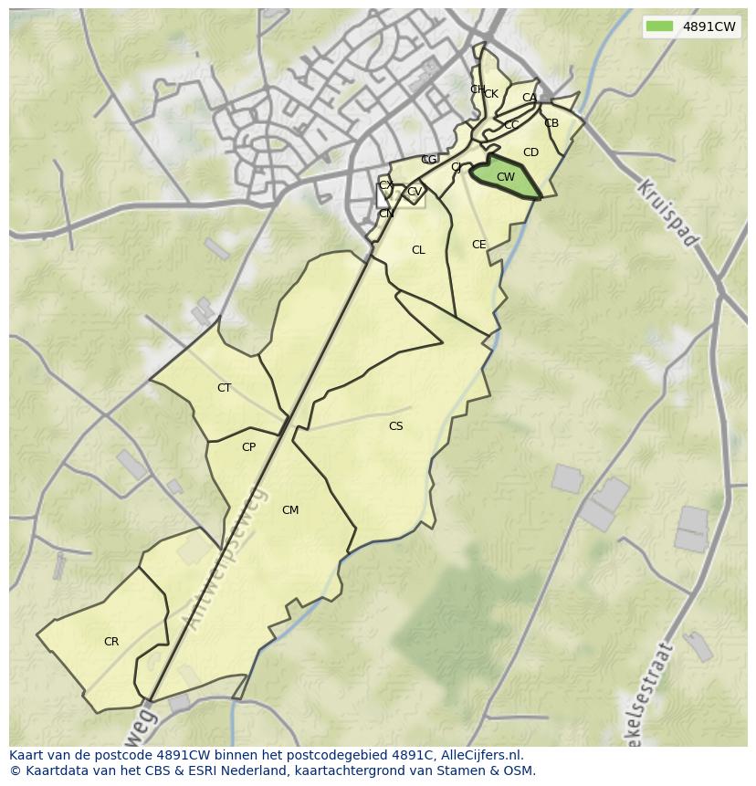Afbeelding van het postcodegebied 4891 CW op de kaart.