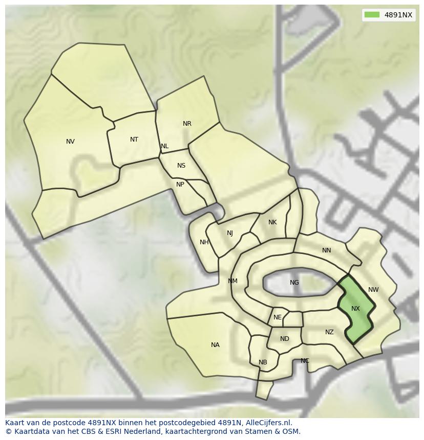 Afbeelding van het postcodegebied 4891 NX op de kaart.