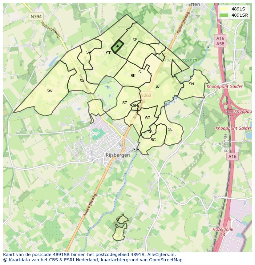 Afbeelding van het postcodegebied 4891 SR op de kaart.