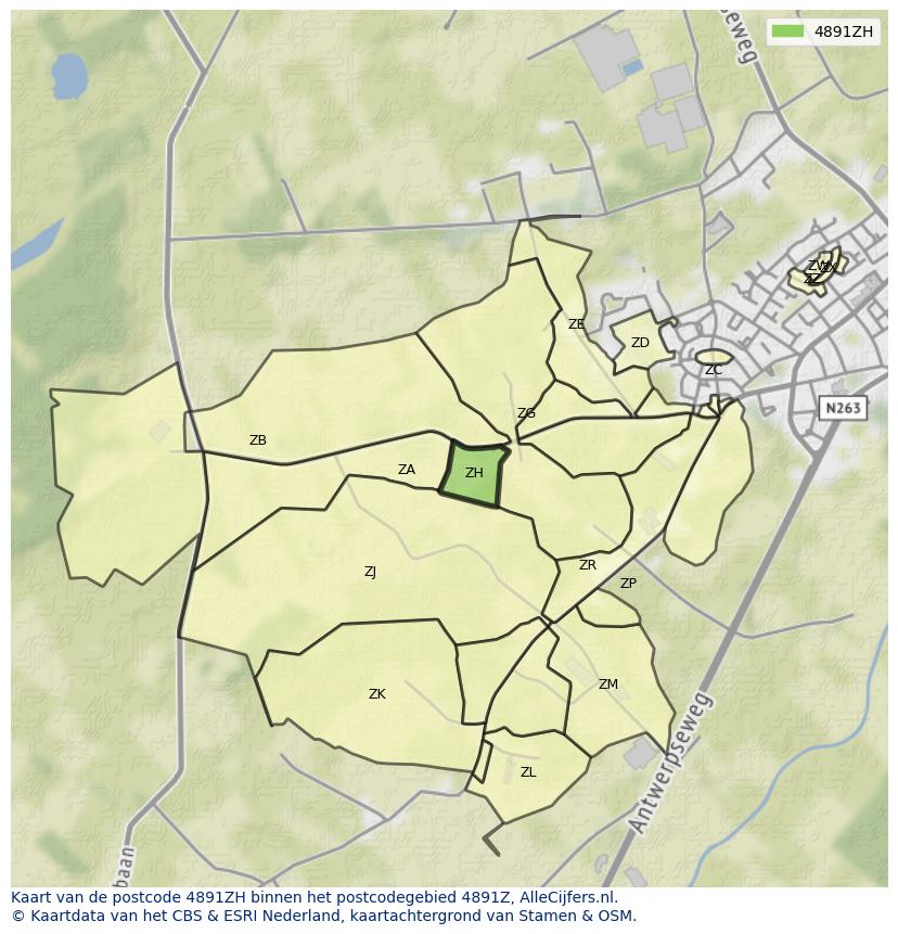 Afbeelding van het postcodegebied 4891 ZH op de kaart.