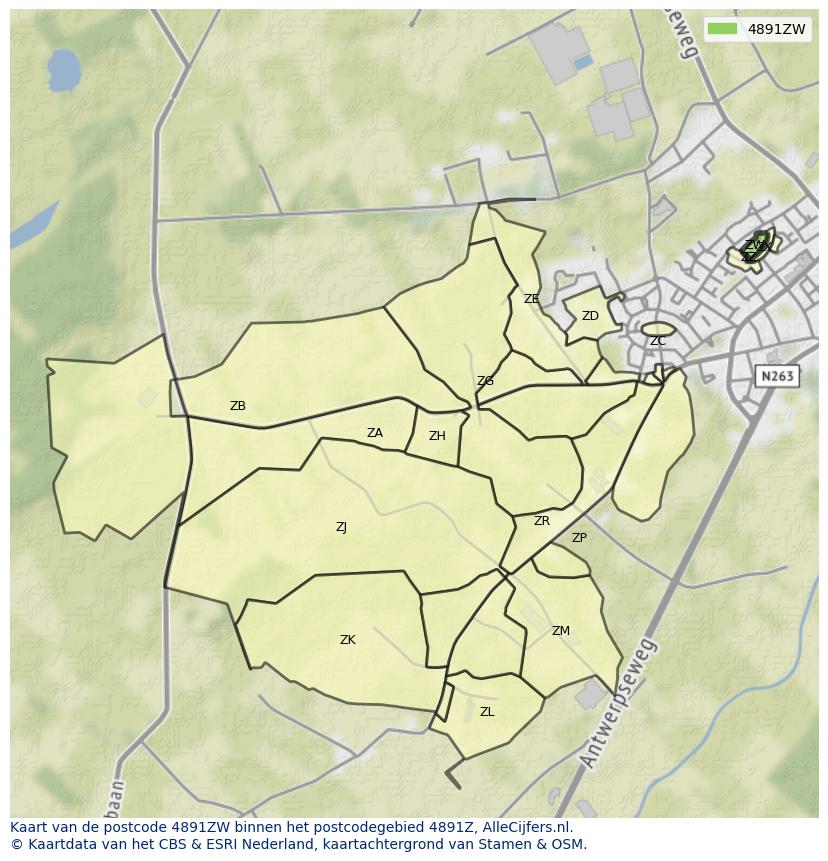 Afbeelding van het postcodegebied 4891 ZW op de kaart.