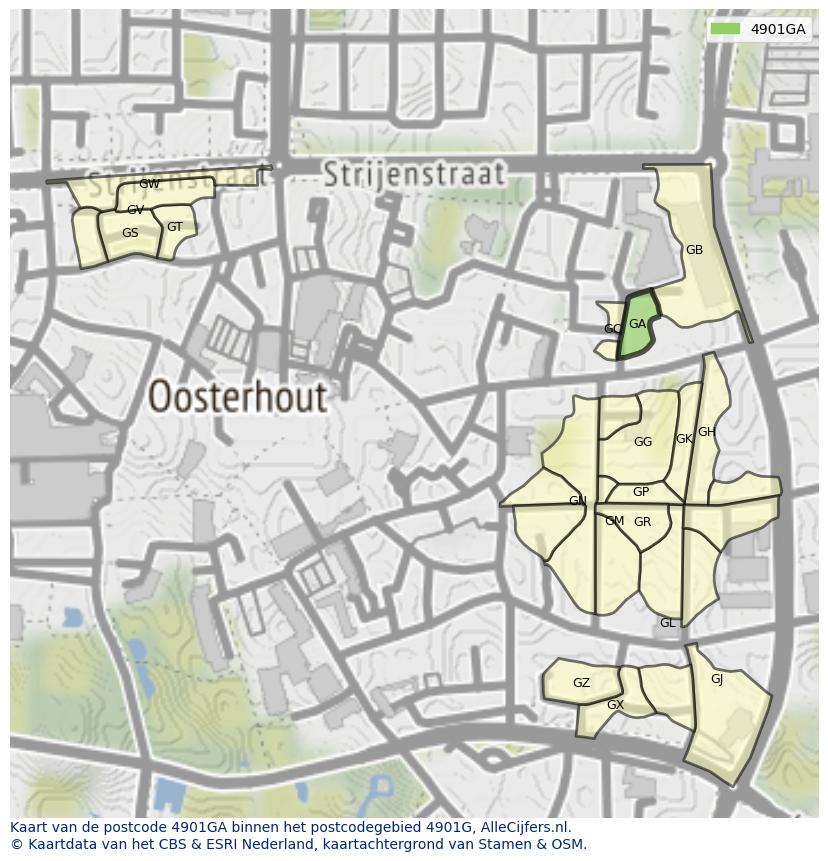 Afbeelding van het postcodegebied 4901 GA op de kaart.