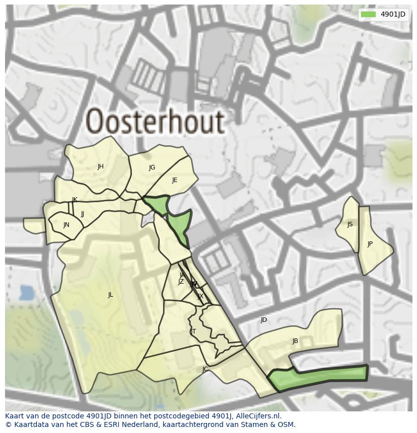 Afbeelding van het postcodegebied 4901 JD op de kaart.