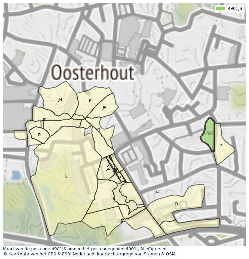 Afbeelding van het postcodegebied 4901 JS op de kaart.