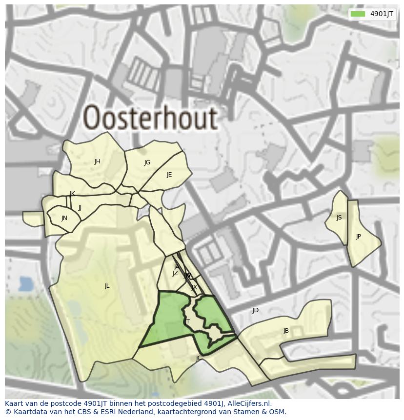 Afbeelding van het postcodegebied 4901 JT op de kaart.