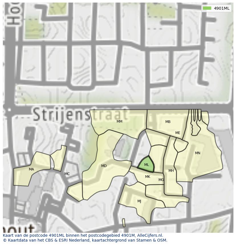 Afbeelding van het postcodegebied 4901 ML op de kaart.