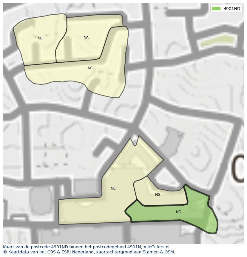 Afbeelding van het postcodegebied 4901 ND op de kaart.
