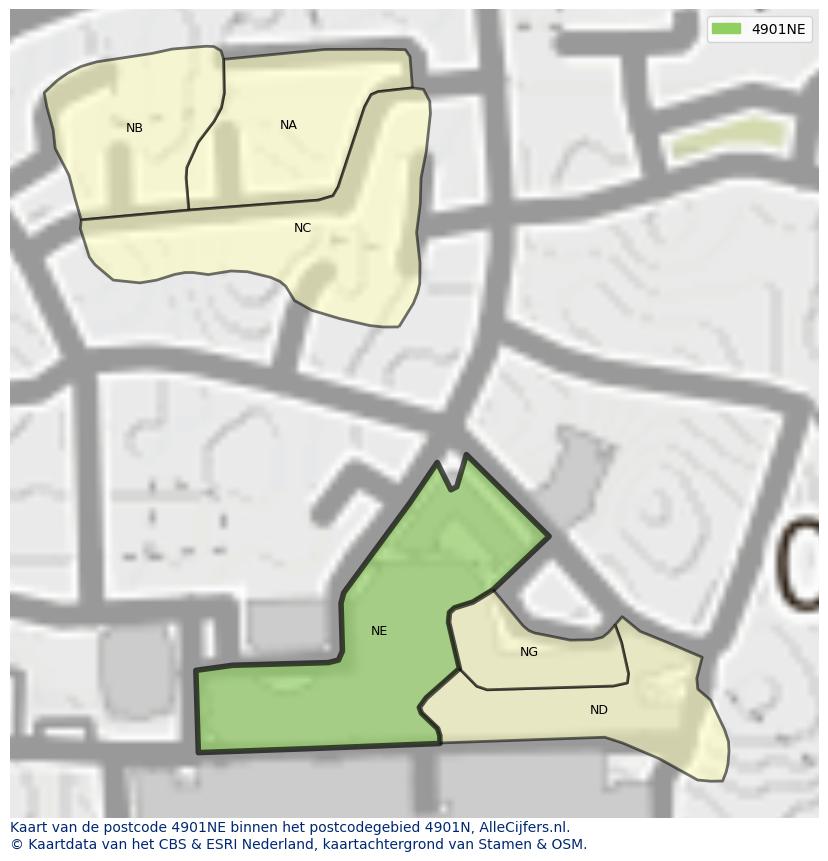 Afbeelding van het postcodegebied 4901 NE op de kaart.