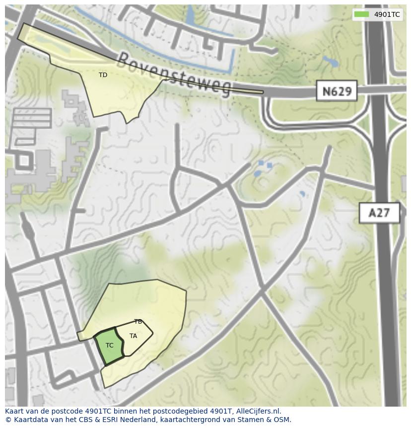 Afbeelding van het postcodegebied 4901 TC op de kaart.