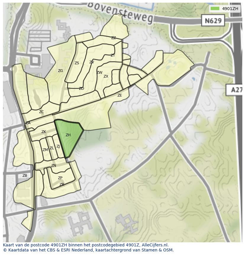 Afbeelding van het postcodegebied 4901 ZH op de kaart.