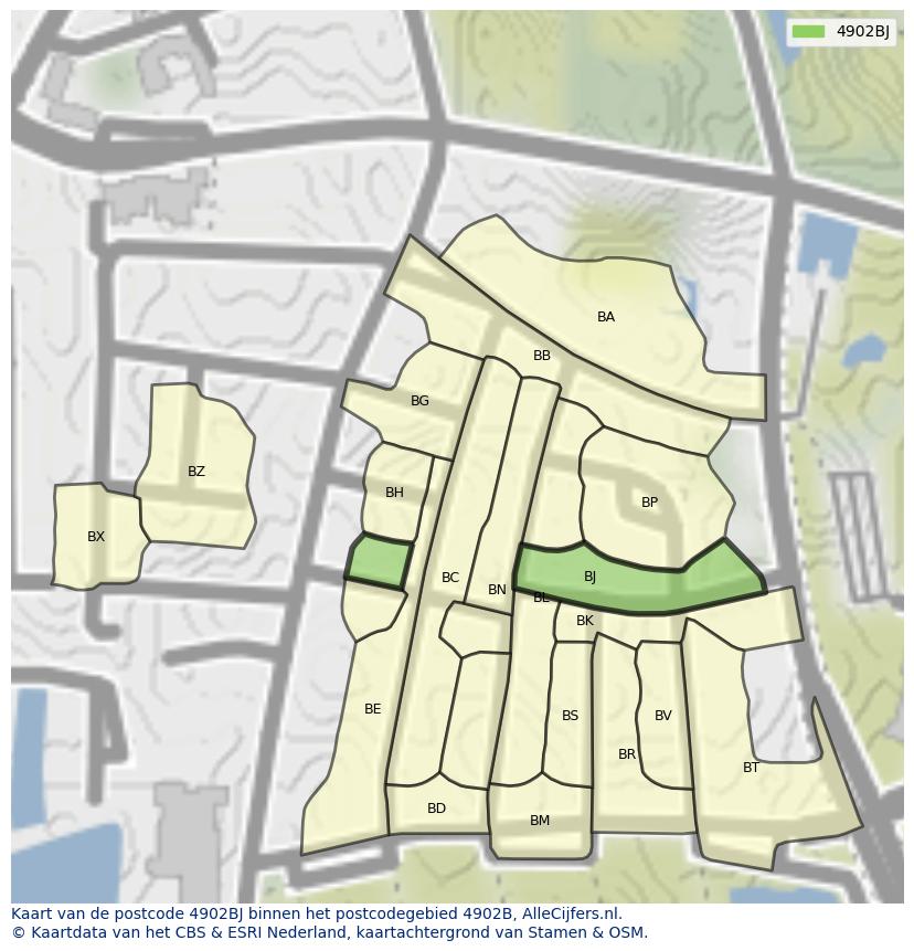 Afbeelding van het postcodegebied 4902 BJ op de kaart.