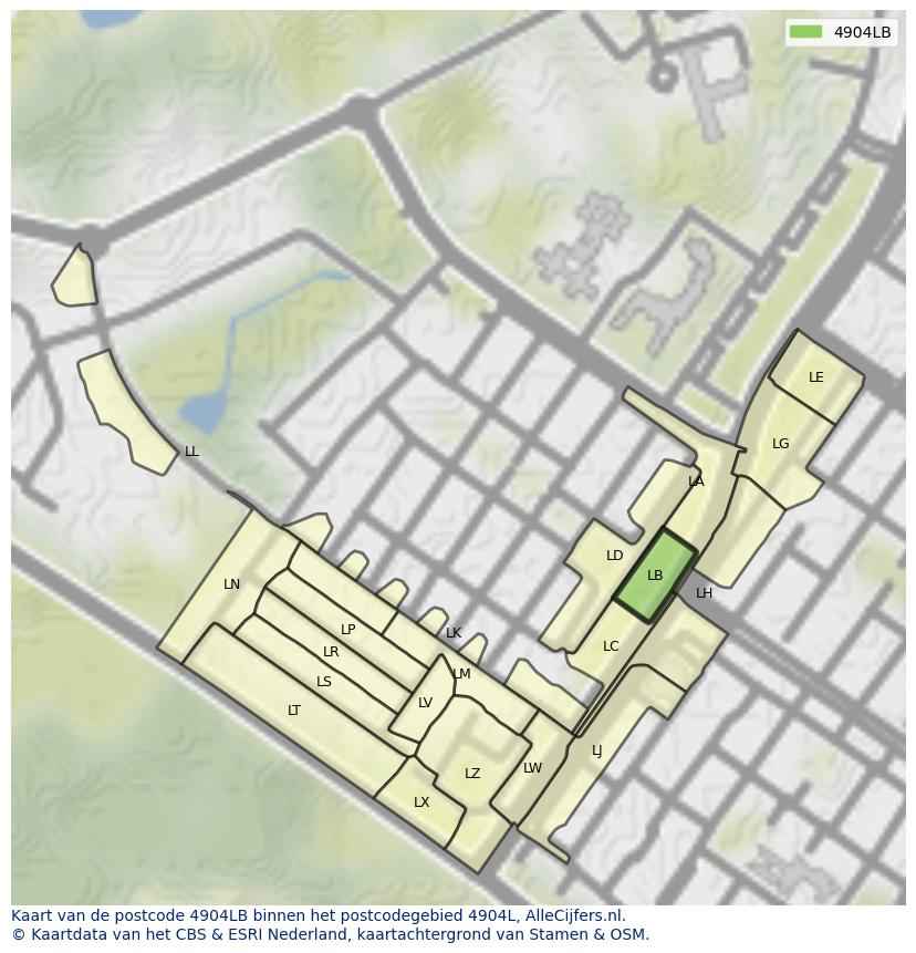 Afbeelding van het postcodegebied 4904 LB op de kaart.