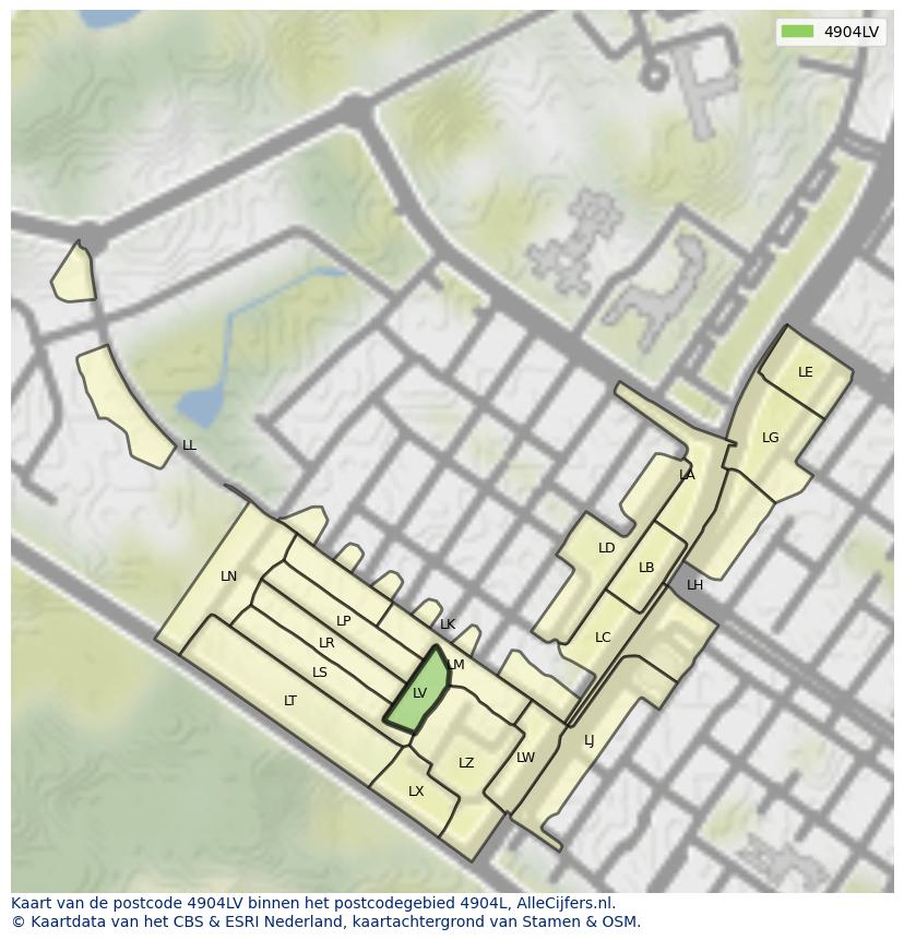 Afbeelding van het postcodegebied 4904 LV op de kaart.