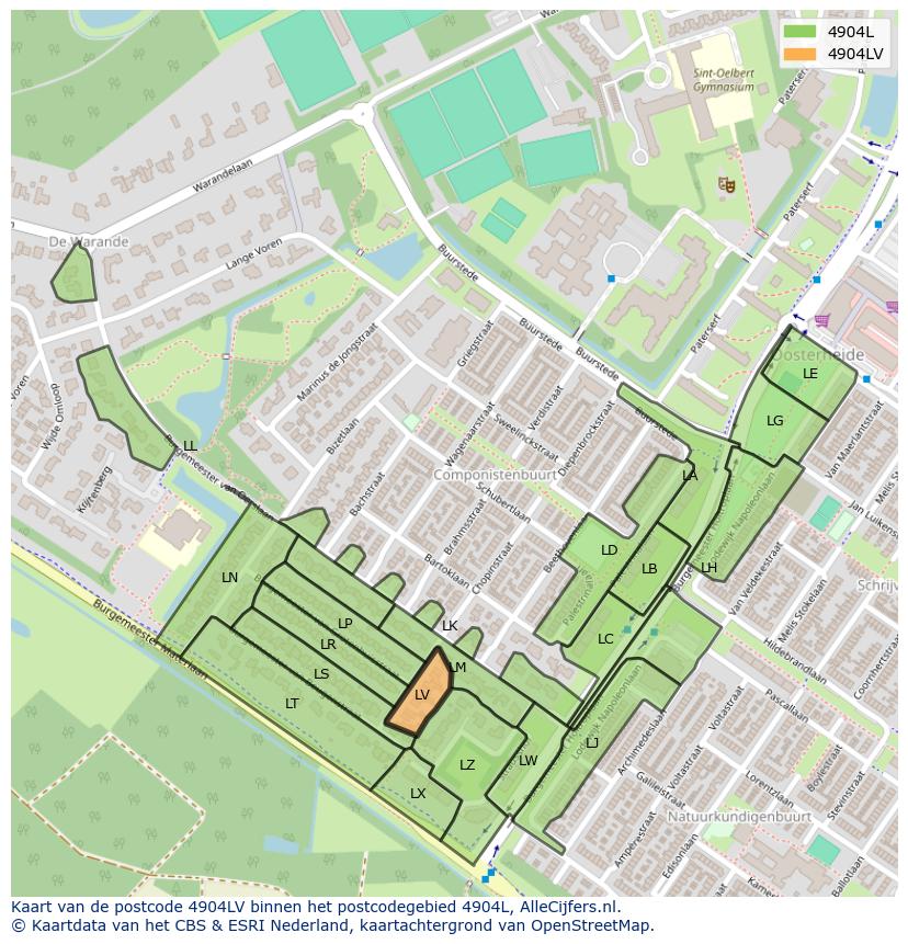 Afbeelding van het postcodegebied 4904 LV op de kaart.