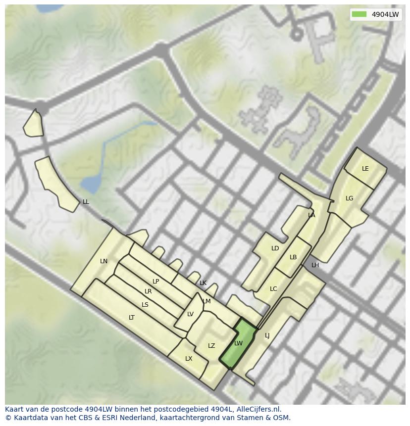 Afbeelding van het postcodegebied 4904 LW op de kaart.